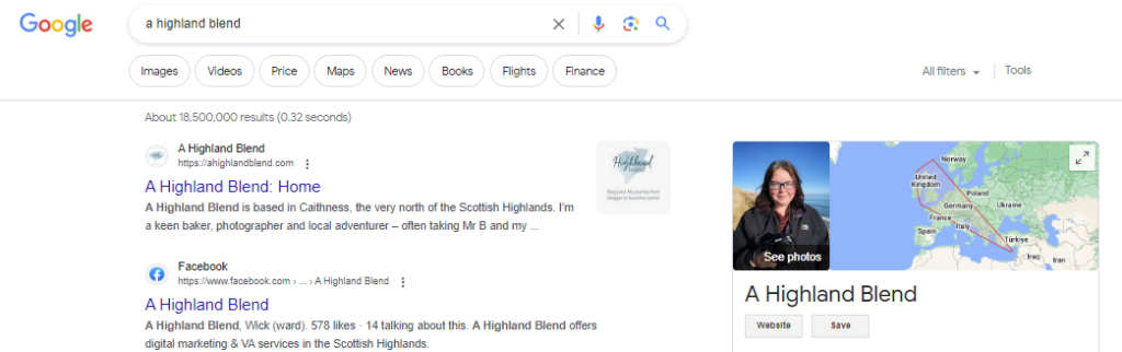 A screenshot of a Google Search results page The search shows results for the term ' A Highland Blend' and one of the Google Tools - Google My Business profile